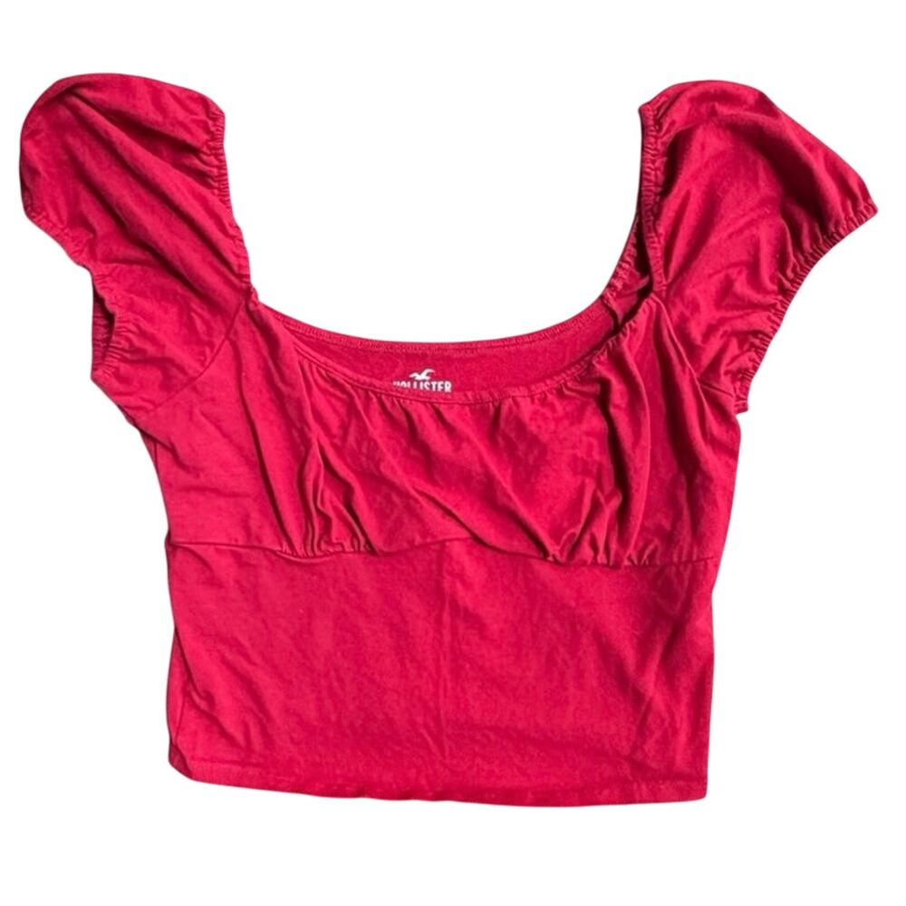 Hollister Y2K Red Large Crop Puff Sleeve Rushed Bodice On/Off Shoulder Top